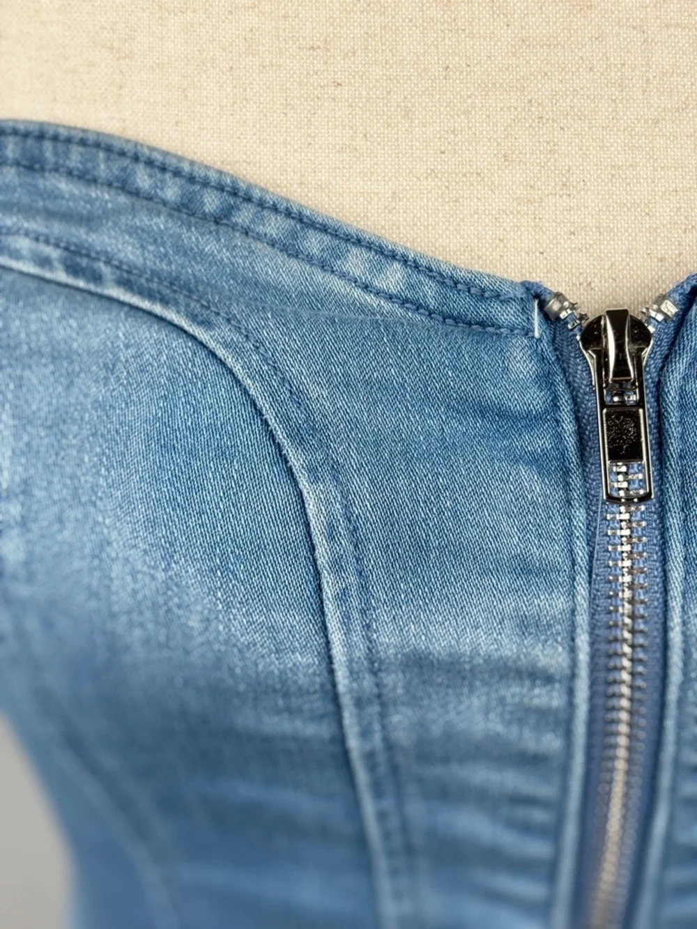 Strapless Denim Corset Mini Dress Zip Front Bodycon Small - Picture 4 of 5